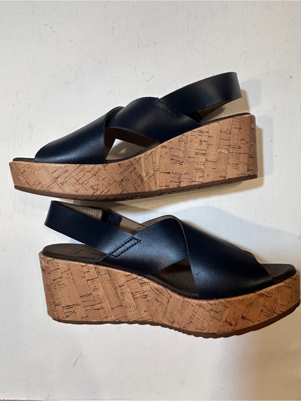 Clarks Collection Cushion Soft Penny Navy Leather Cork Wedge Slingback Size 8 - Picture 2 of 6